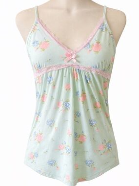 mentally exhausted Floral Mint Lace Trim Cami with Pink Bow